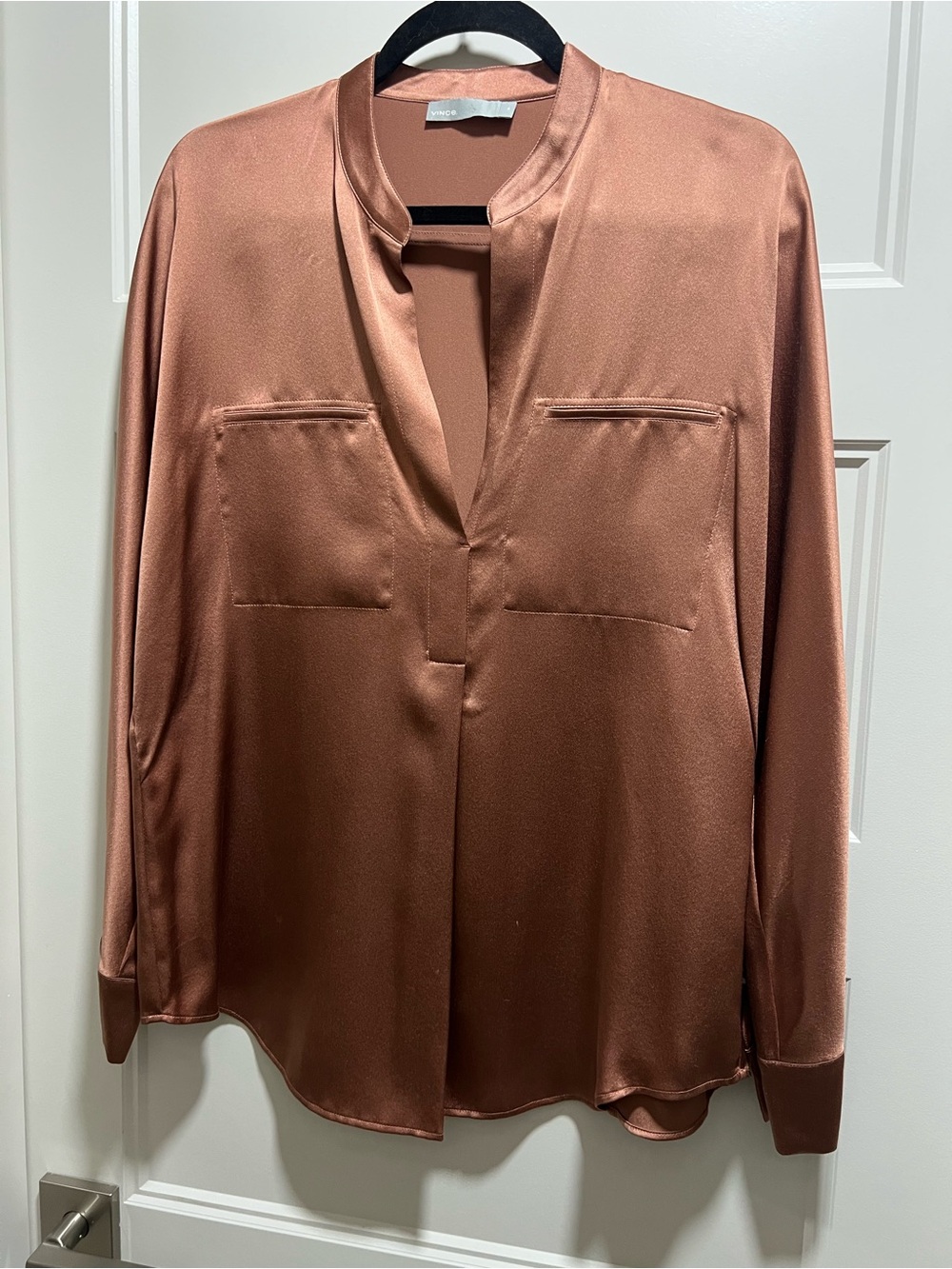 Vince Satin Copper-Tone V-Neck Blouse